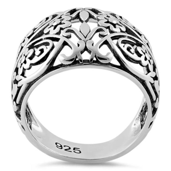925 STERLING SILVER Open Work Floral Dome Ring - Picture 15 of 16